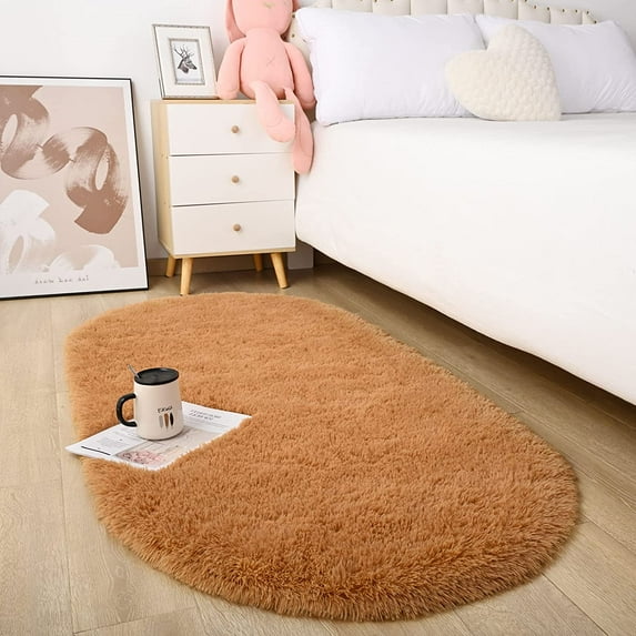 Lochas Soft Oval Rugs Fluffy Plush Modern Area Rug Shaggy Furry Carpet for Living Room Home Decor Play Mat,2.6'x5.3',Khaki