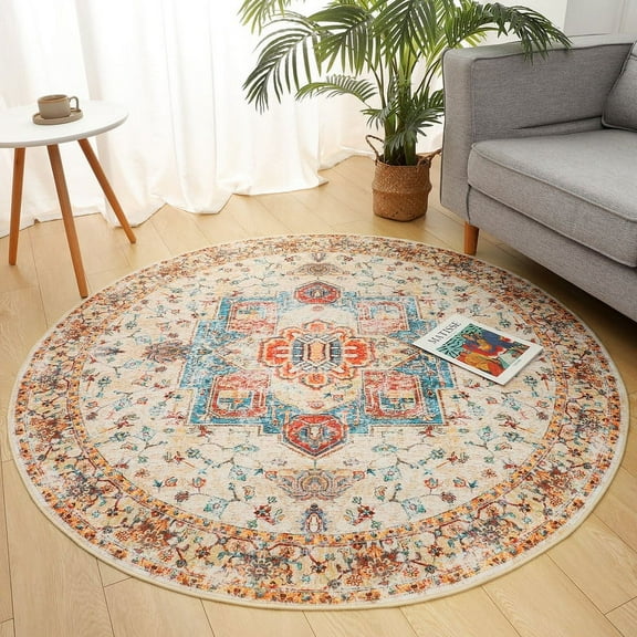 Lochas Soft Round Area Rug Vintage Circle Rug Carpet for Living Room Bedroom Nursery Bathroom Kitchen,5Ft,Orange