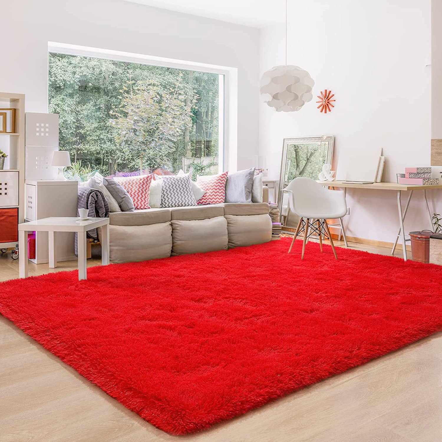 Red 8' x 10' Tufted Shag Fur Area Rug with Memory Foam