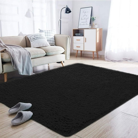 Lochas Soft Shag Carpet Fluffy Rug for Living Room Bedroom Big Area Rugs Floor Mat Home Decor,4'X6',Black