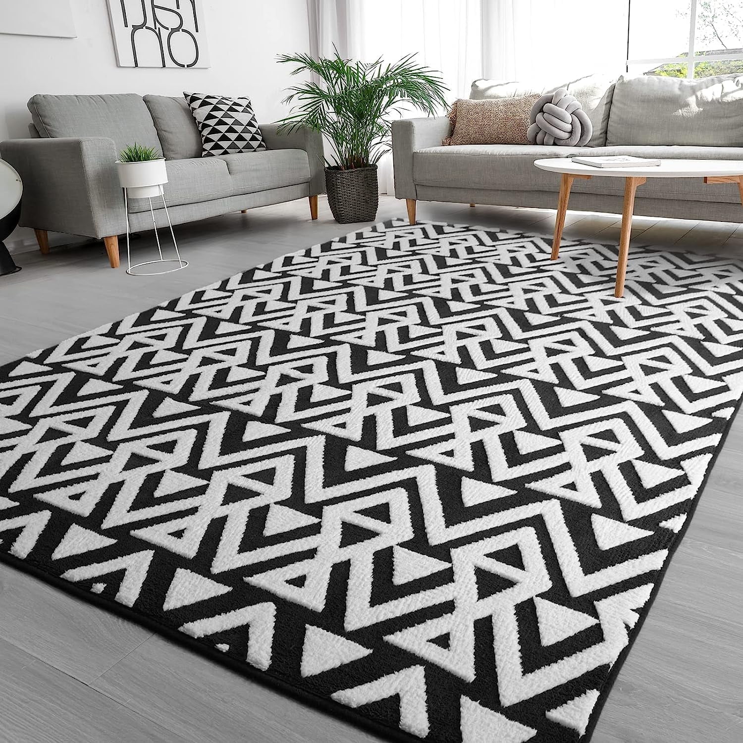 Lochas Soft Shaggy Rugs Geometric Area Rug Fluffy Carpet for Living Room Fluffy Accent Carpet Home Decor,5'x8',Black