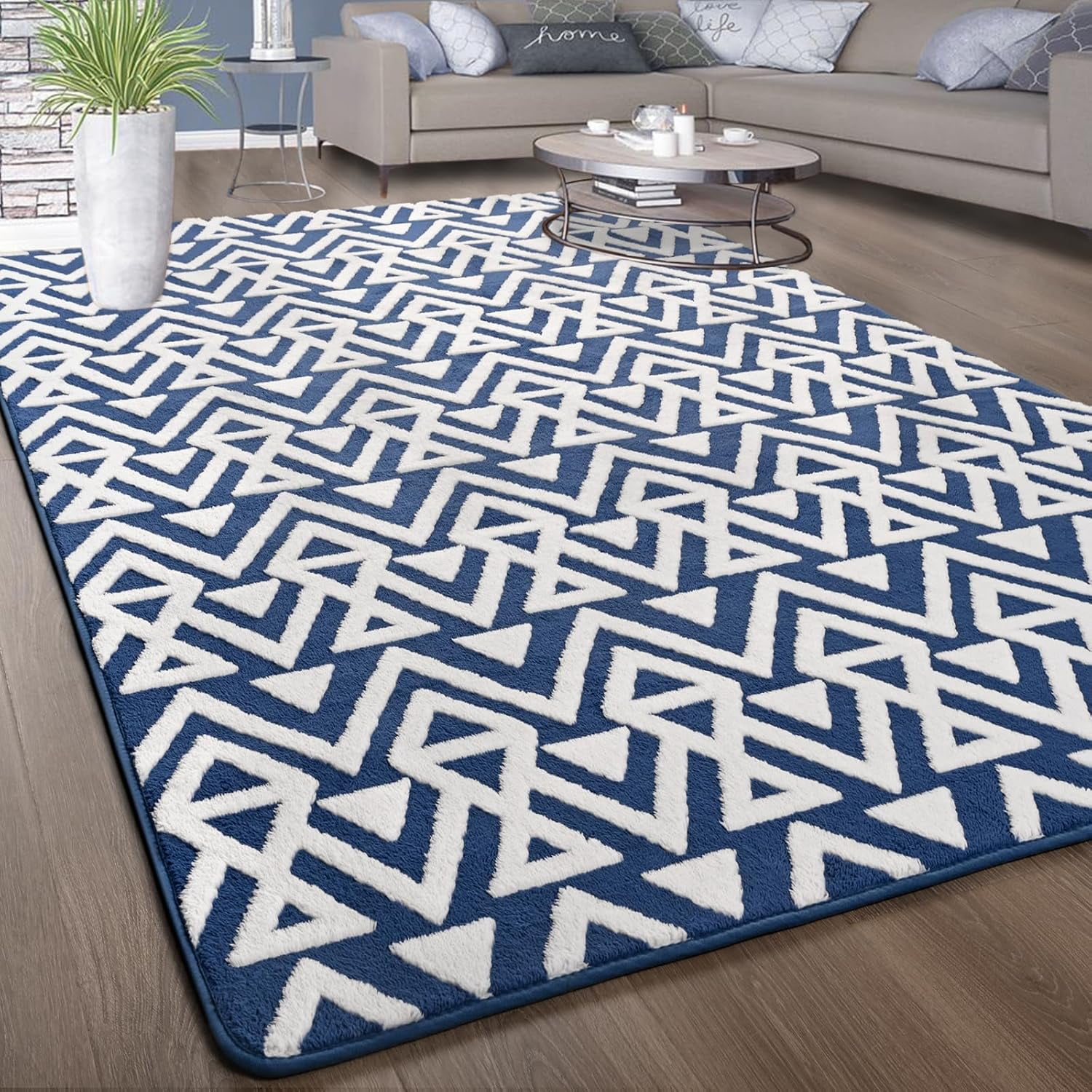 Lochas Soft Shaggy Rugs Geometric Area Rug Fluffy Carpet for Living Room Fluffy Accent Carpet Home Decor,5'x8',Blue