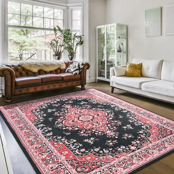 Lochas Soft Vintage Floral Area Rugs Floor Carpet Non Slip Rug for Living Room Bedroom Dining Kitchen Home Decor,4'x6',Red