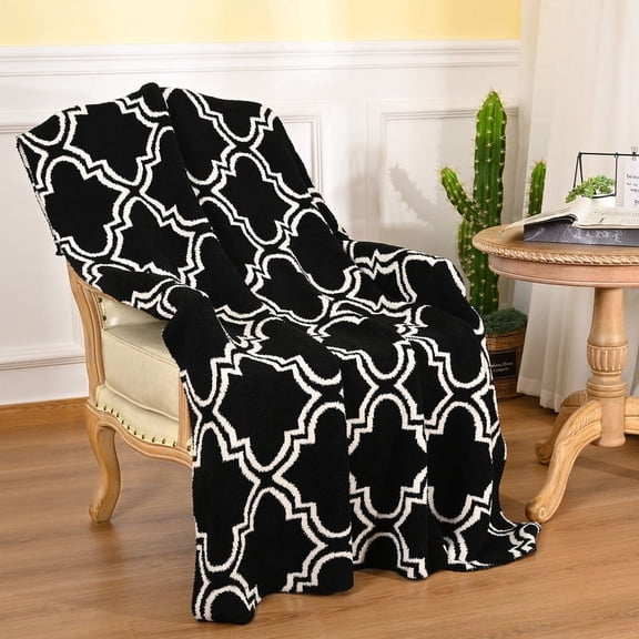 Lochas Throw Blankets Fluffy Sherpa Shaggy Geometric Print Blanket for Bed Couch Sofa,50"x60",Black