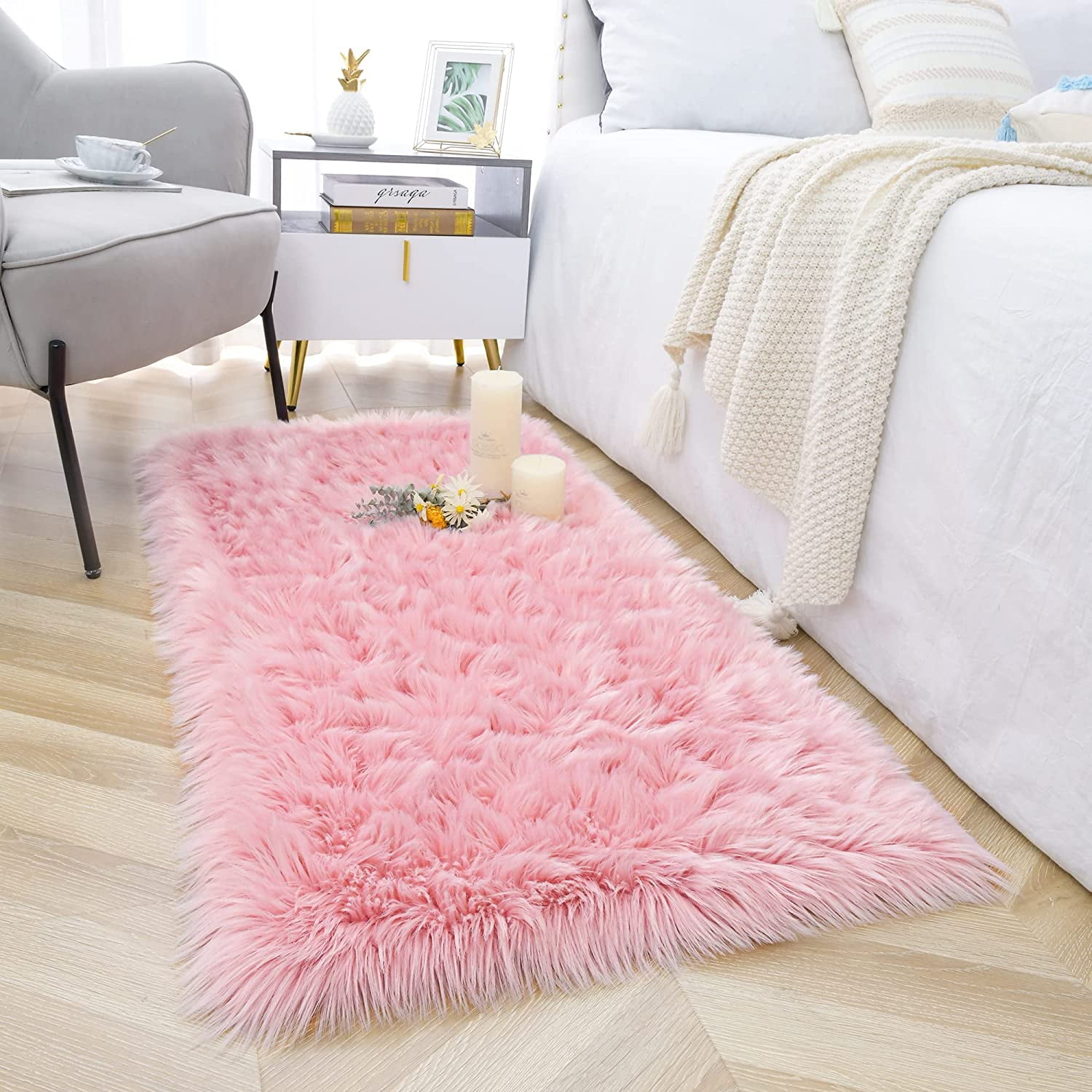 Lochas Ultra Soft Fluffy Rugs Faux Sheepskin Fuzzy Decorative Bedside Area Rug 2'x4' Pink