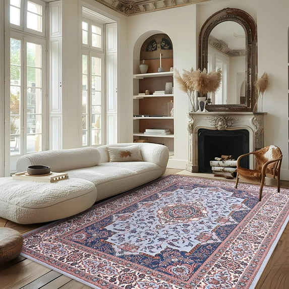 Lochas Vintage Accent Rugs Distressed Print Area Rug Low Pile Carpet for Living Room Bedroom Home Decor,Blue,5'x7'