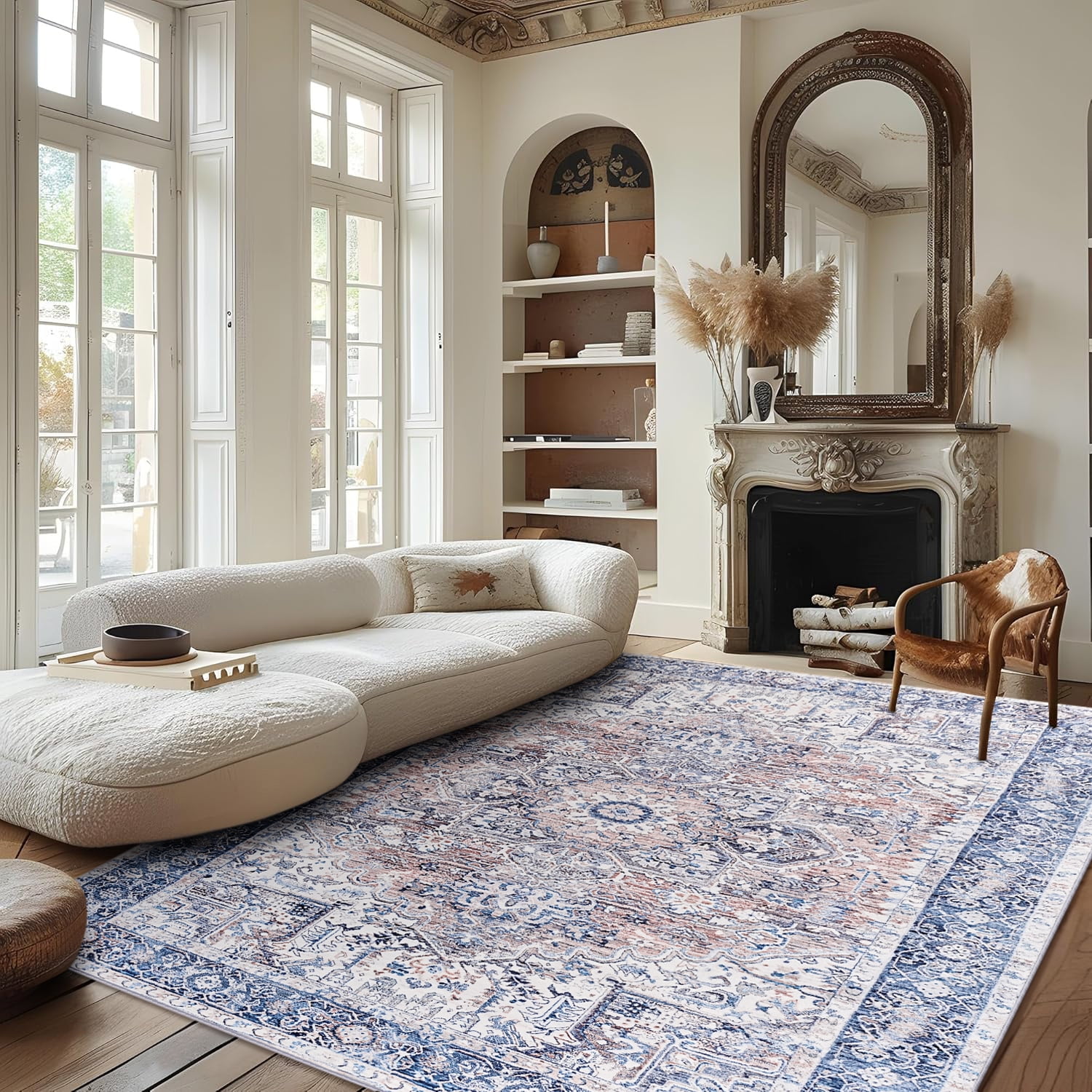 Lochas Vintage Accent Rugs Distressed Print Area Rug Low Pile Carpet for Living Room Bedroom Home Decor,Blue,8'x10'