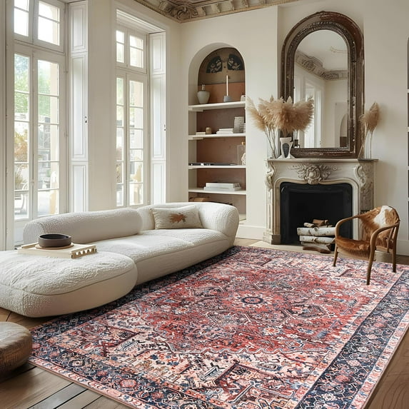 Lochas Vintage Accent Rugs Distressed Print Area Rug Low Pile Carpet for Living Room Bedroom Home Decor,Brick Red,4'x6'