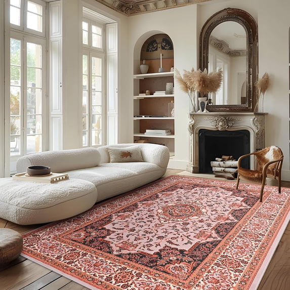 Lochas Vintage Accent Rugs Distressed Print Area Rug Low Pile Carpet for Living Room Bedroom Home Decor,Orange,5'x7'