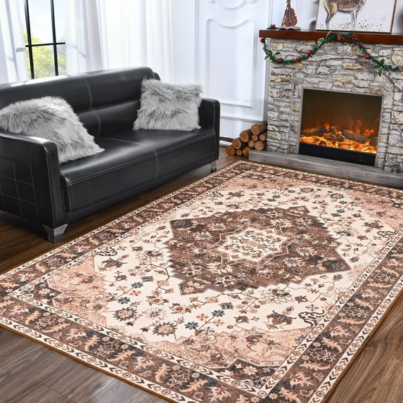 Lochas Vintage Boho Rug Low Pile Fluffy Area Rugs for Bedroom Living Room Indoor Floor Carpet Home Decor,6'X9',Brown