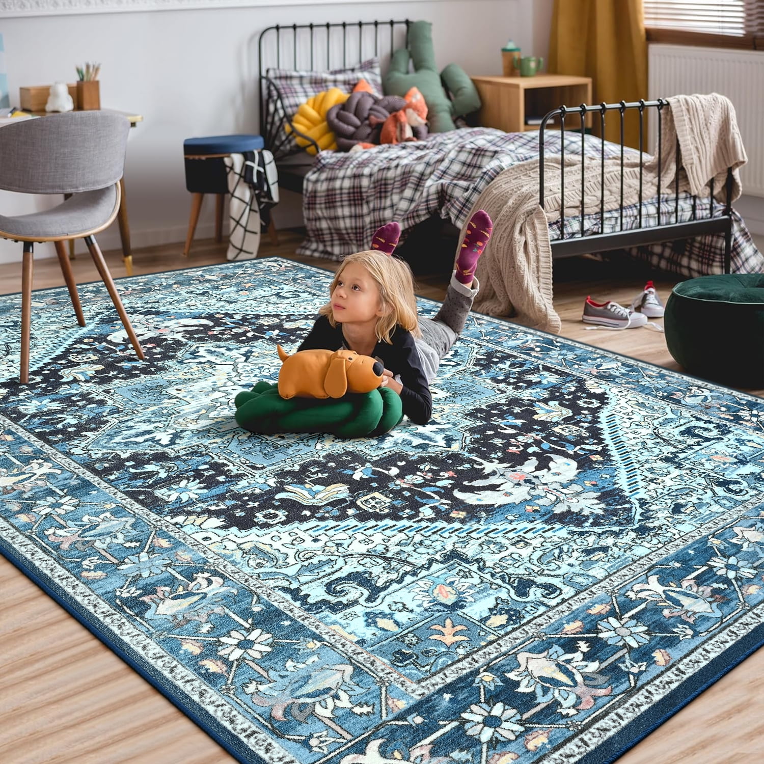Lochas Vintage Floral Rugs Soft Accent Area Rug Low-Pile Carpet for Living Room Bedroom Home Decor,8'x10',Blue