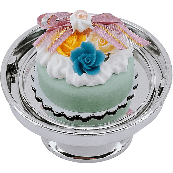 Loches Lynn K1007 Artificial Handcrafted Mini Fake Rose Cream Ribbon Cake with Silver Stand Plate + Dome, Gift Home Decor, Refrigerator Magnet, Model, Replica