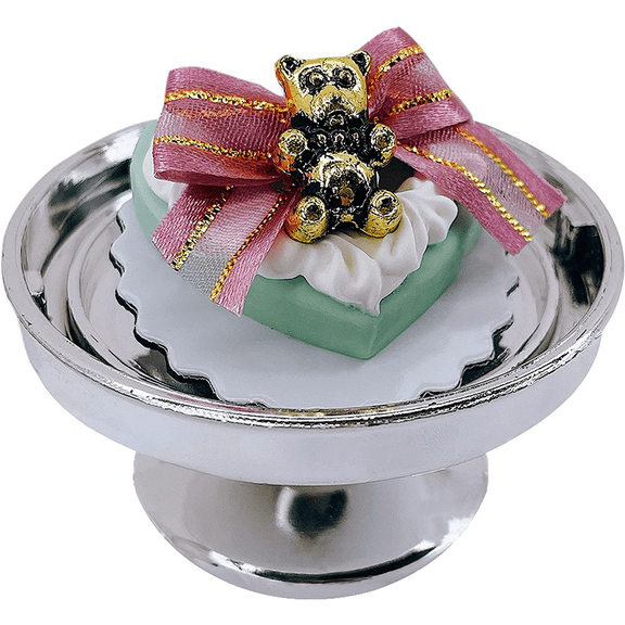 Loches Lynn K1017 Artificial Handcrafted Mini Fake Cream Ribbon Bear Ornament Cake with Silver Stand Plate + Dome, Gift Home Decor, Refrigerator Magnet, Model, Replica