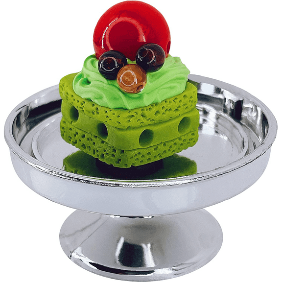 Loches Lynn K1081 Artificial Handcrafted Mini Fake Matcha Cream Sponge Cherry Cake with Silver Stand Plate + Dome, Gift Home Decor, Refrigerator Magnet, Model, Replica