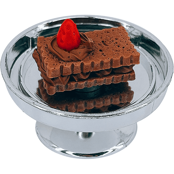 Loches Lynn K1082 Artificial Handcrafted Mini Fake Chocolate Cream Strawberry Layer Cake with Silver Stand Plate + Dome, Gift Home Decor, Refrigerator Magnet, Model, Replica