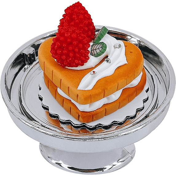 Loches Lynn K1111 Artificial Handcrafted Mini Fake Raspberry Heart Shaped Cream Biscuit Cookie Cake with Silver Stand Plate + Dome, Gift Home Decor, Refrigerator Magnet, Model, Replica