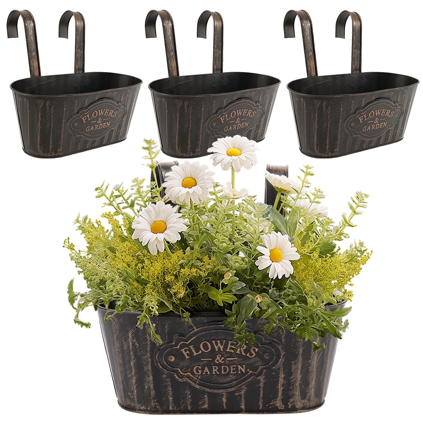 Keyohome 4Pcs Hanging Flower Pots,Metal Wall Planter,Iron Bucket Planter with Detachable Hooks for Indoor Outdoor,Drainage,Rustproof,Black,10.6"