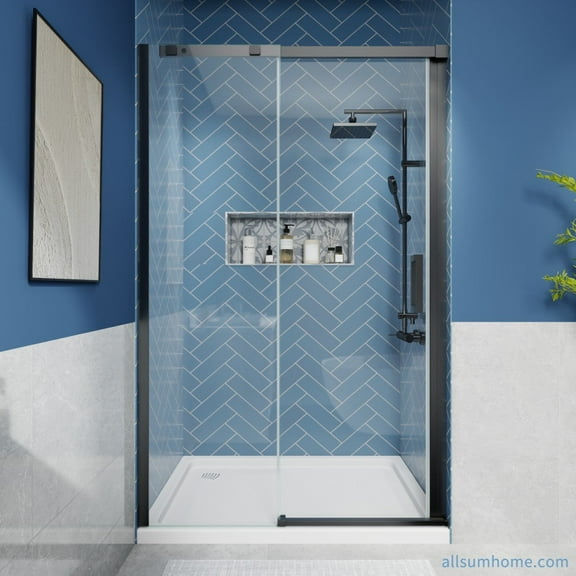 Lock Adjustable 44-48"W x 74"H Sliding Glass Shower Door with 8mm Clear Tempered Glass,Stainless Steel Hardware Mattel Black,Rectangle Shower Door