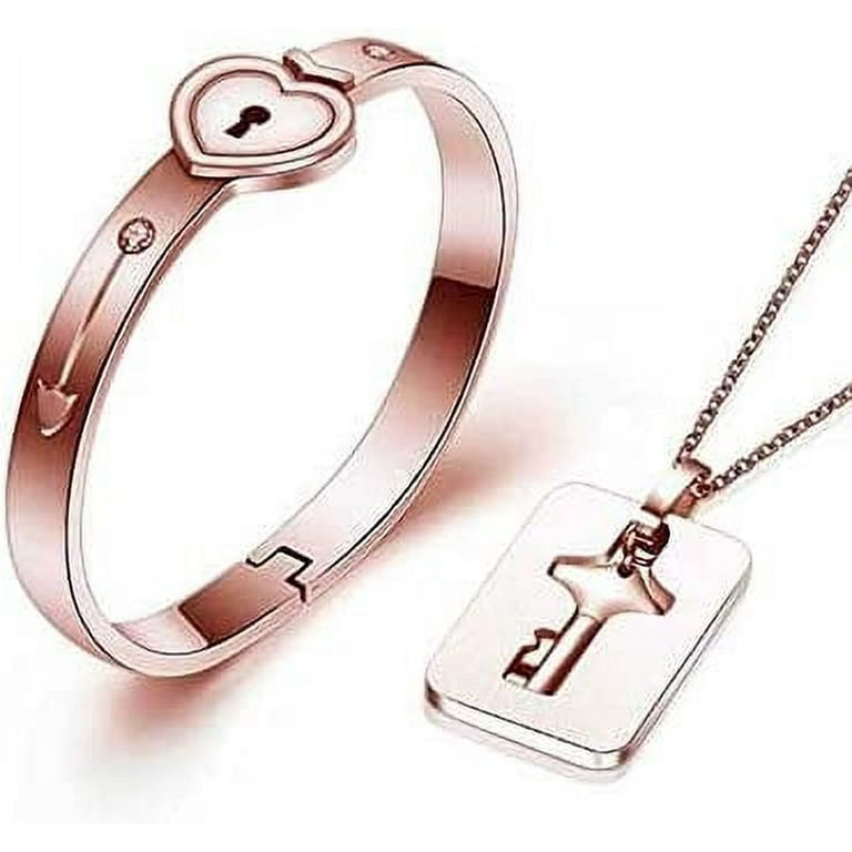 Lock Bracelet and Key Necklace Set for Couples Jewelry - Stainless Steel Heart  Bangle for Men and Women 