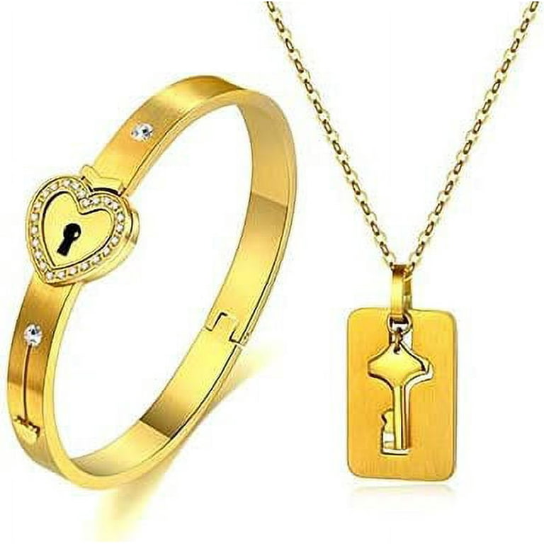 2Pcs Tone Stainless Steel Lover Heart Love Lock Bracelet with Lock Key  Bangles Kit Couple Gift