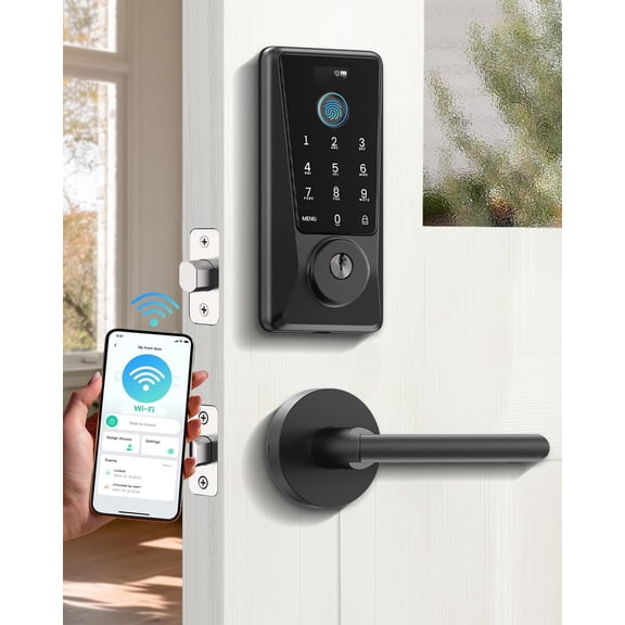 Lock D110 Plus, WiFi Fingerprint Front Door Lock with Touchscreen Keypad, App Remote Control, Auto Lock, Keyless Entry Deadbolt with Backlit, Black, Deadbolt Lever Set
