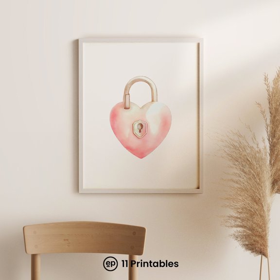 Lock Heart Poster, Heart Print, Lock And Heart, Watercolor Lock, Valentine Wall Art