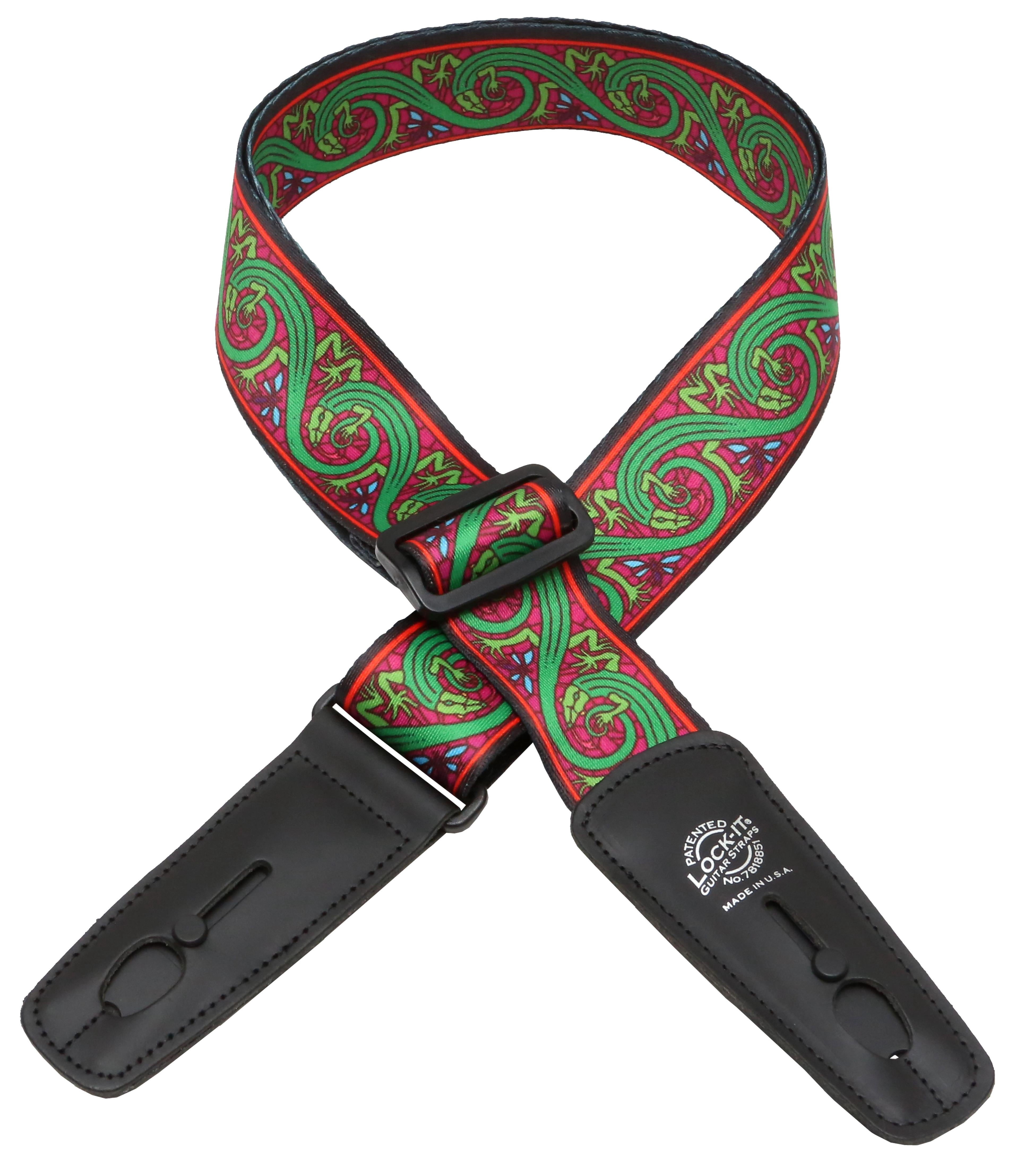 Lock-It Straps Bob Masse Rock Art Leather End Guitar Strap Green Lizards