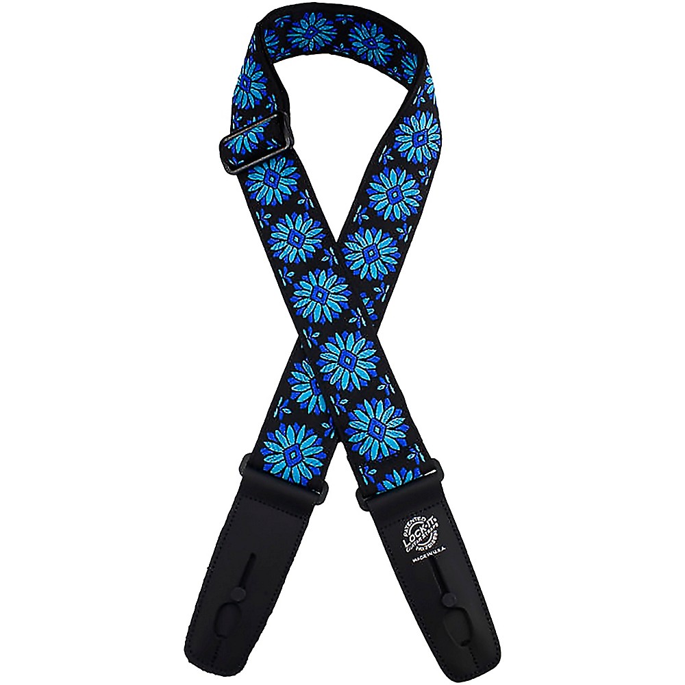 Lock-It Straps Jacquard 2" Locking Guitar Strap Black with Blue Flowers