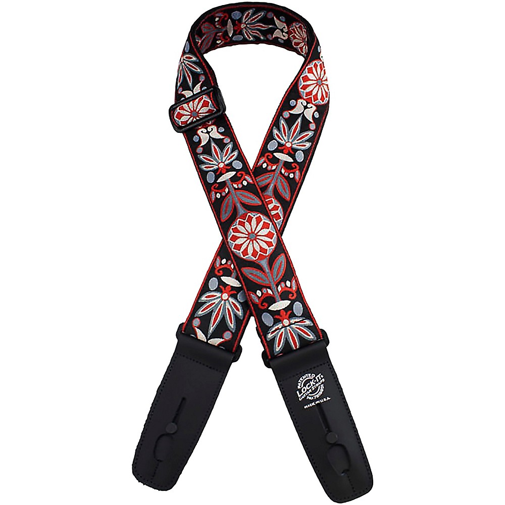 Lock-It Straps Jacquard 2" Locking Guitar Strap Black with Red Flowers
