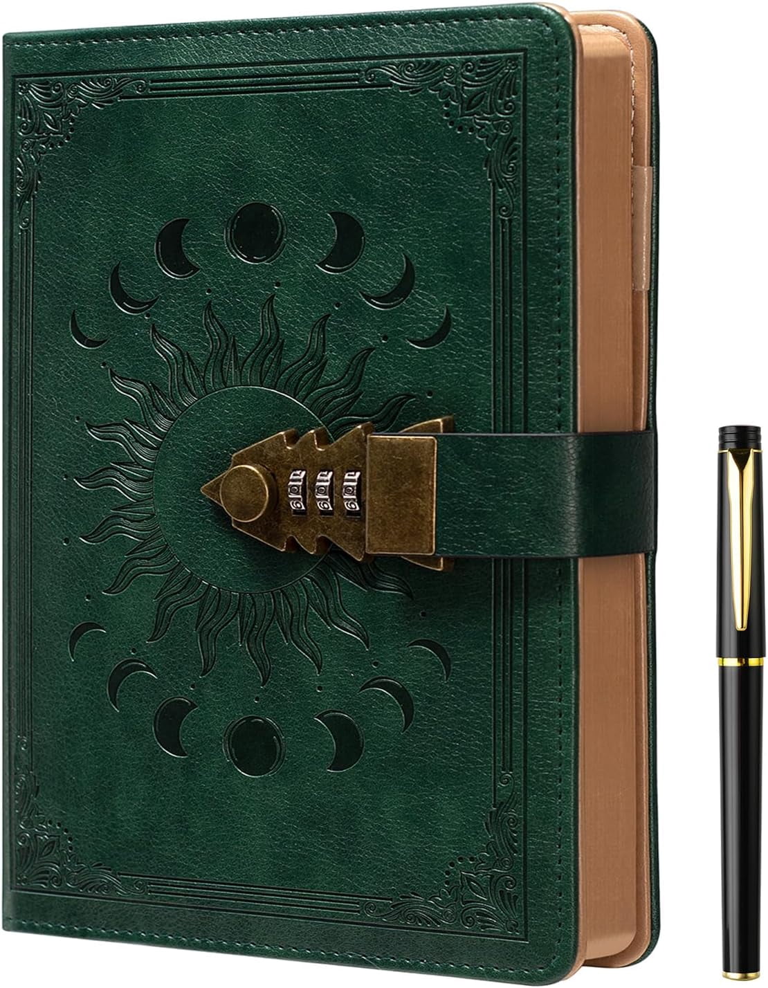 Lock Journal with Pen A5 240 Pages Diary Lock Brown Edge Refillable Leather Hardcover (8.5 × 5.9inch) Dark Green