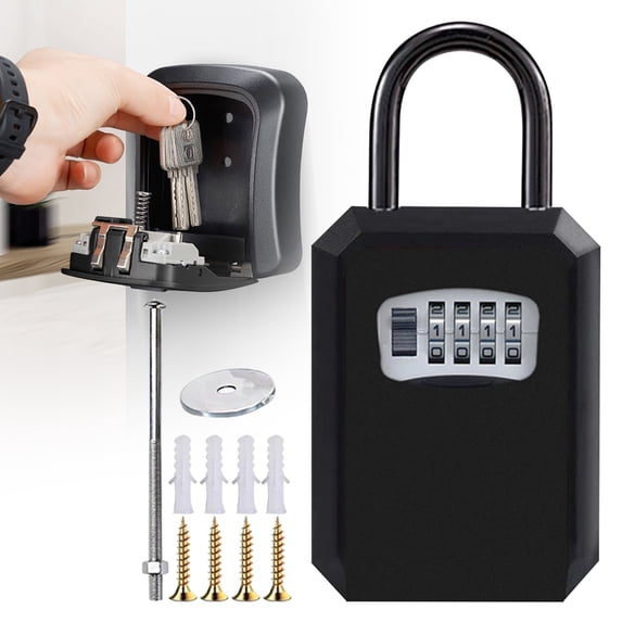 Lock Key Lock Box For House Keys – Outdoor Portable Combination Lockbox With Resettable 4 Digit Code, Weather Resistant Durable Metal Body