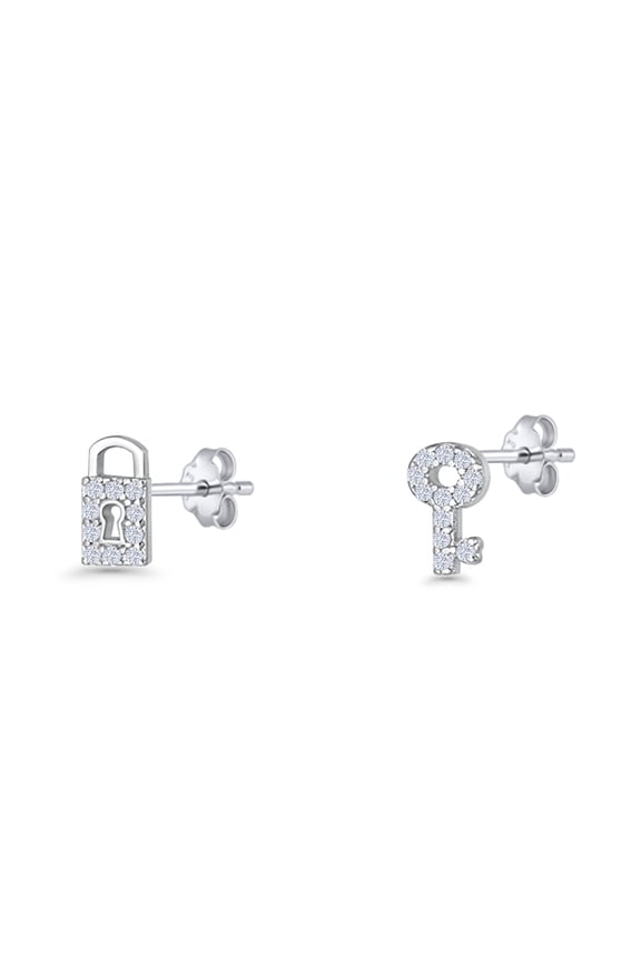 Lock & Key Stud Earrings CZ 925 Sterling Silver 7.2mm