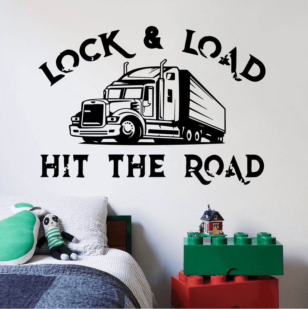 Lock & Load Hit The Road - Trailer Truck Big Truck Quotes Trucks Silhouette  Vinyl Wall Art Sticker Decal Home Kids Room Trucking Room Boys Room Wall