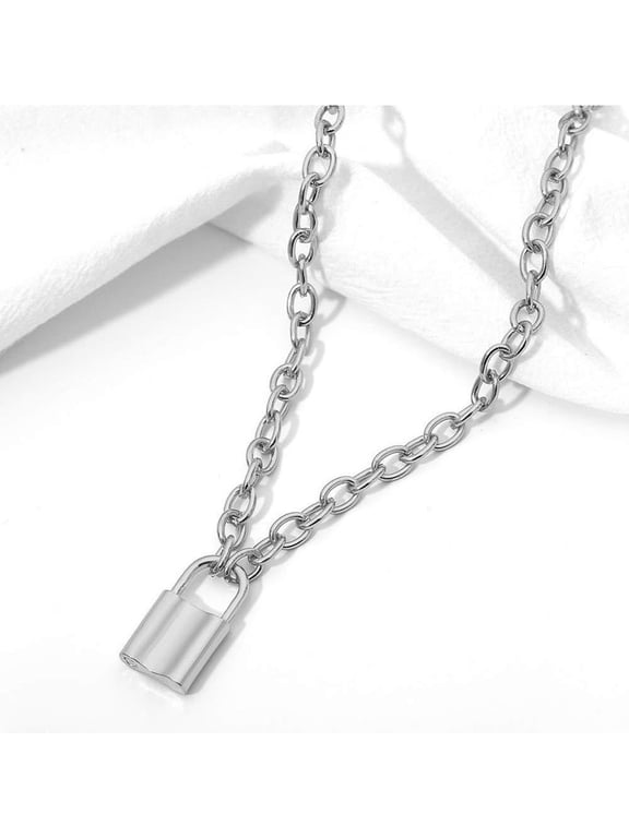 Lock Necklace for Women Paperclip Link Chain Padlock Necklace Silver