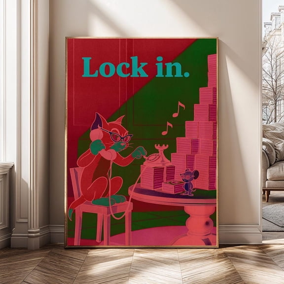 Lock in Neon Hustle Motivational Cat Mouse Money Gamer Poster