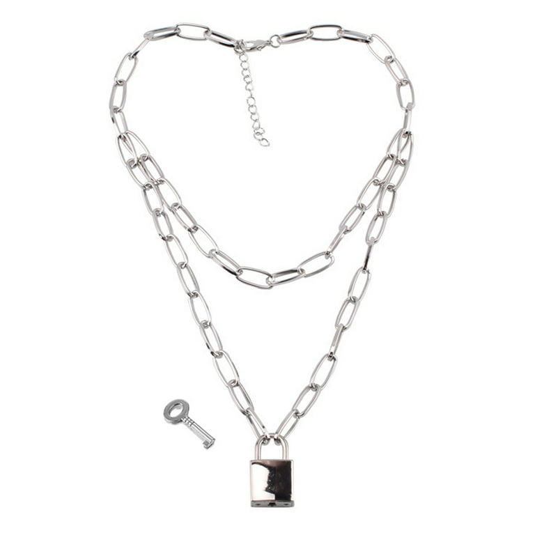Lock necklace Lock Key Pendant Necklace Long Chain Punk Multilayer  Statement Choker Necklace for Women Men Boy Girls,Silver 