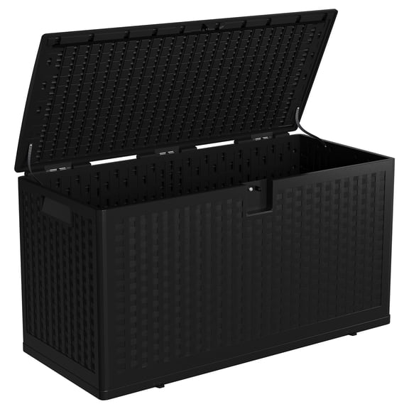 Lockable 73 Gallon Waterproof Outdoor Deck Storage Box – Resin Organizer for Patio, Garden, Pool – Stores Cushions, Tools, Equipment – Black, Imitation Rattan