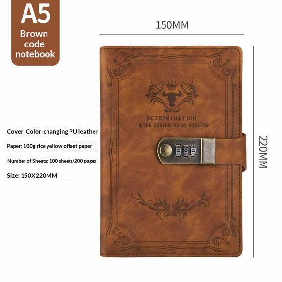 Lockable A5 Diary with Key Privacy Lock Journal 200 Pages Thick Paper Notebook for Writing Personal Thoughts, Memory Book, Travel Journal, Brown Cover, 150mm x 220mm