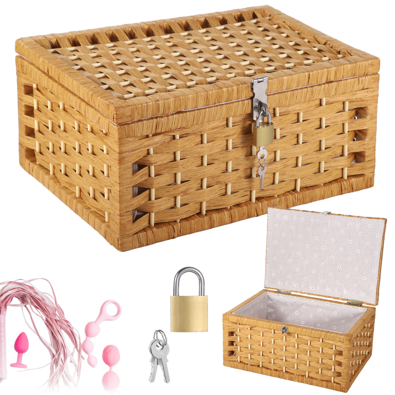 Lockable Adult Toy Storage Basket, Discreet Adult Toy Basket with Lid & Lock, Woven Paper Rope Organizer with Wooden Frame, Gray Floral Lining, ... Lockable Adult Toy Storage Basket, Discreet Adult Toy Basket with Lid & Lock, Woven Paper Rope Organizer with Wooden Frame, Gray Floral Lining, ...