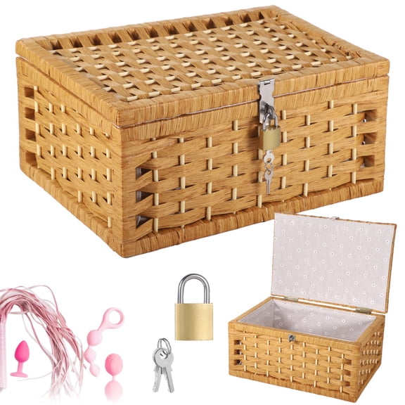 Lockable Adult Toy Storage Basket, Discreet Adult Toy Basket with Lid & Lock, Woven Paper Rope Organizer with Wooden Frame, Gray Floral Lining, Decorative Box for Toys & Crafts, 13.8 x 9.5 x 6.7 in