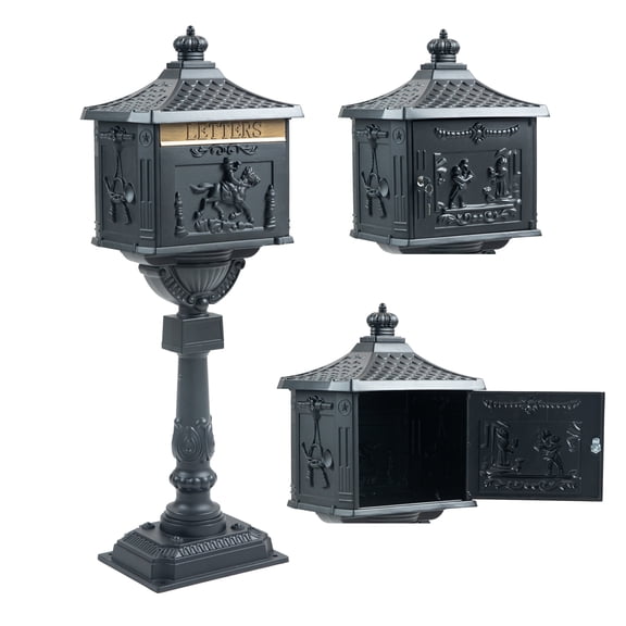 Lockable Cast Aluminum Mailbox for Outdoor Use, Heavy Duty Black Postal Box with Security Lock, 16.53x16.53x46.06 Inch Large Mailbox
