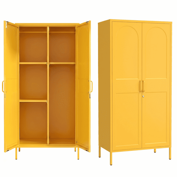Lockable Closet Metal Wardrobe 67" Yellow 2 Door Wardrobe Bedroom Storage Cabinet Adjustable shelf Multi functional metal Storage Cabinet with hanging rail for domestic use 18.1" D x 31.5" W x 67" H