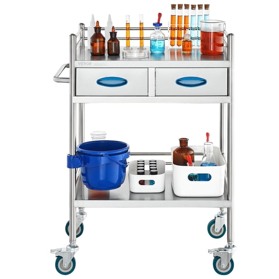 Lockable Dental Utility Cart with 2 Drawers - Stainless Steel Hospital Serving Cart, Mobile Lab Cart with Wheels & Storage Bucket