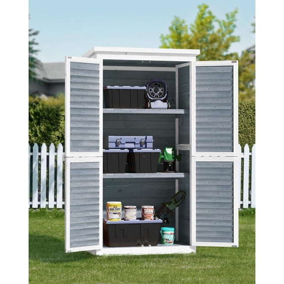 Lockable Double Door Outdoor Storage Cabinet, 63.2 Inch Vertical Garden Shed with 3 Shelves, Waterproof Fir Wood Tool Closet for Backyard Patio - gray
