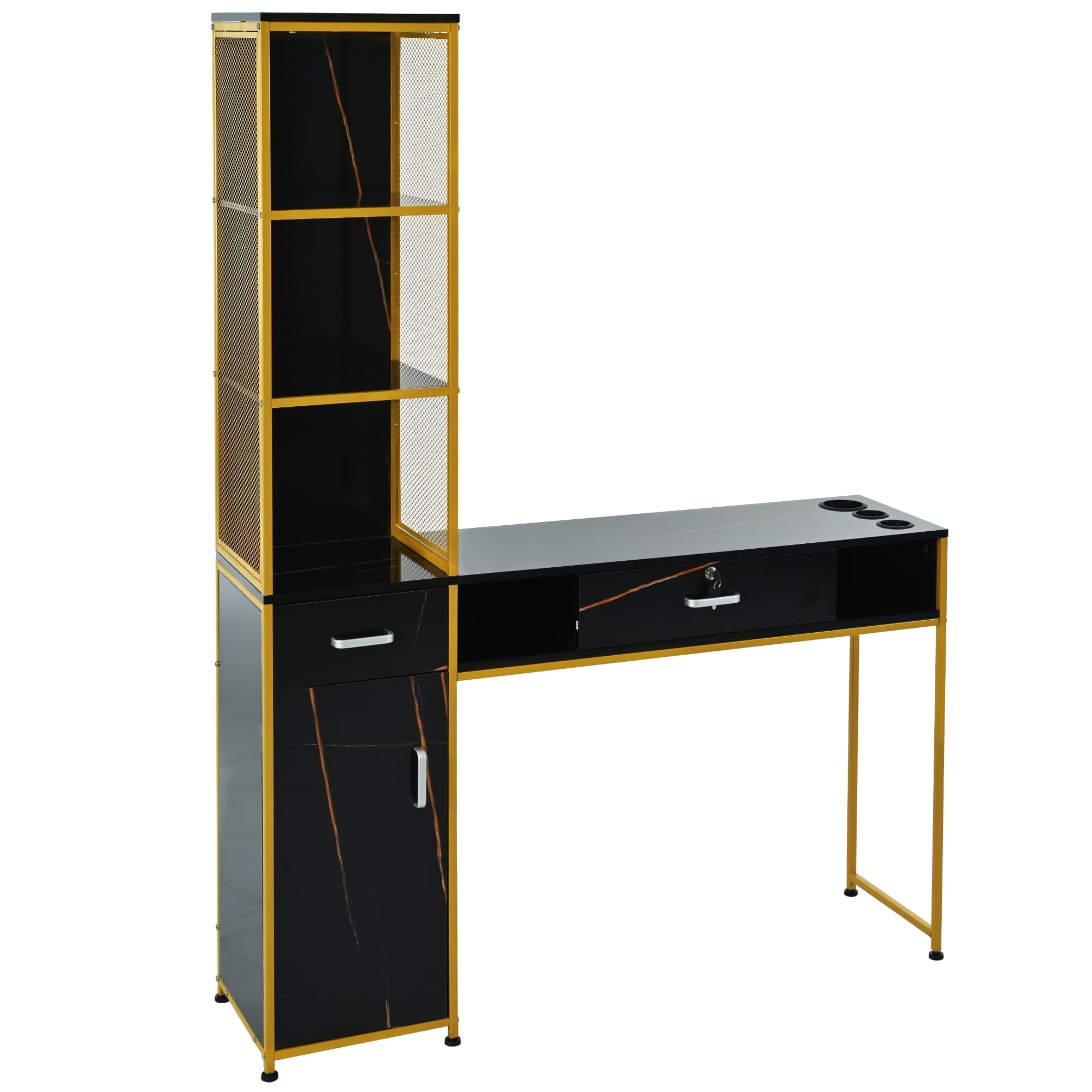 Black and Gold Modern Salon Station with Lockable Drawer