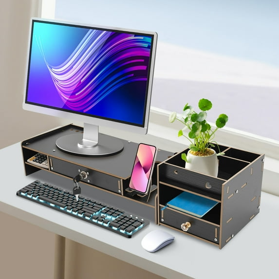 Lockable Drawer Monitor Riser 180 Rotation Black Computer Monitor Booster Stand