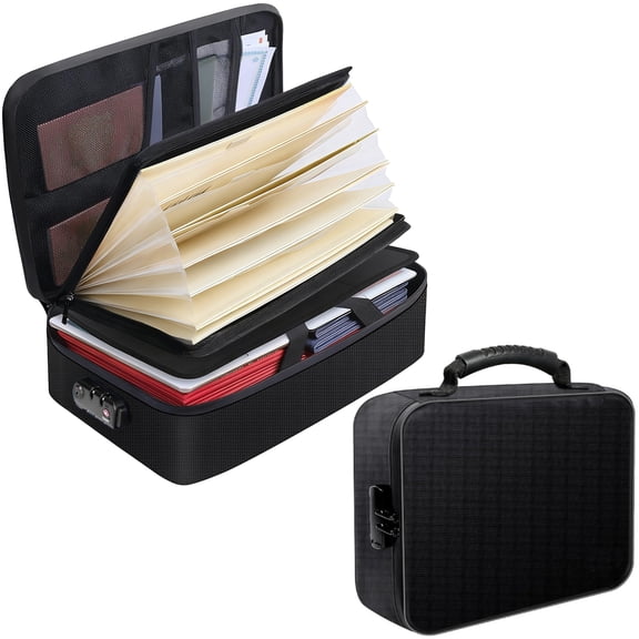 Lockable Fire-Resistant Document Bag, Water-Resistant & Fire Resistant Safe Storage Pouch with Combination Lock, 4 Main Pockets & Accordion File Folder, 14.17 x 3.93 x 10.63 in