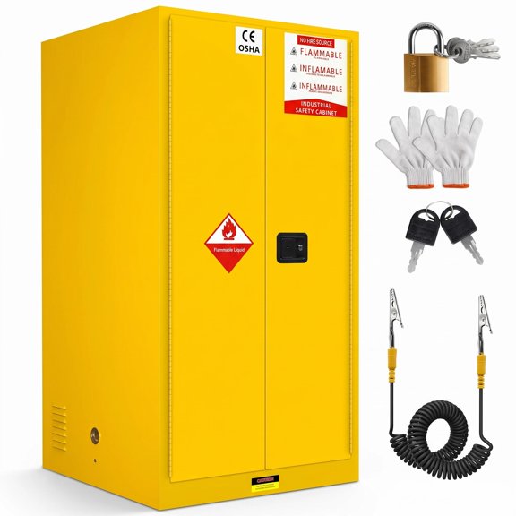 Lockable Flammable Storage Cabinet, 60 Gallon Flammable Cabinet for Garages Workshops and Manufacturing Plants, OSHA Compliant Flammable Cabinet with 2 Adjustable Shelves and Two Keys
