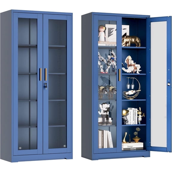 Lockable Glass Display Cabinet with 4 Adjustable Shelves, Metal Curio Bookcase for Living Room or Pantry, Blue