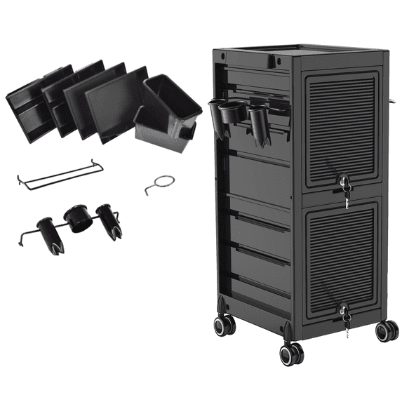Lockable Hair Salon Trolley Cart with 2 Keys and Wheels, Rolling Cart Tool Trolley with 6 Trays & 3 Heat Resistant Holder